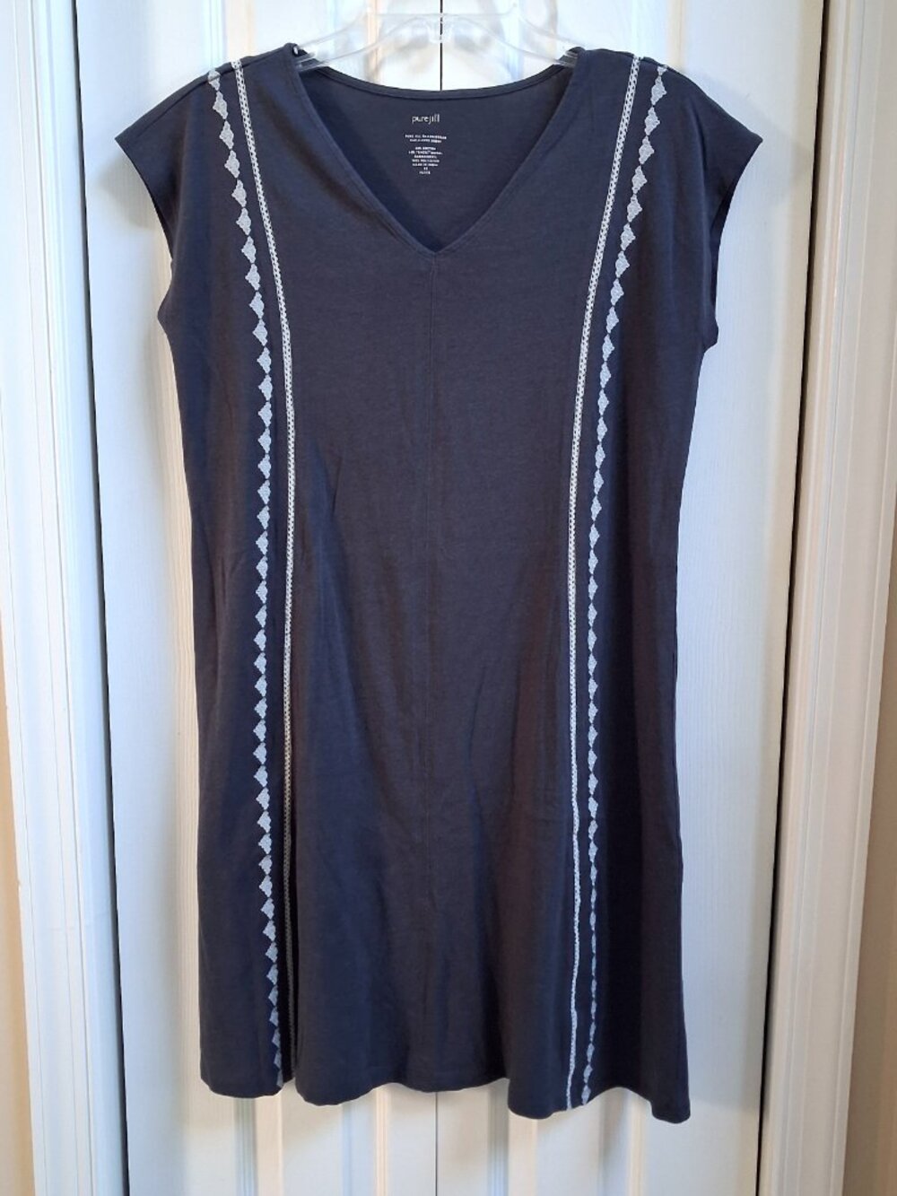 PURE JILL Navy w/White Embroidery Cap Sleeve Jersey Dress sz XS Petite
